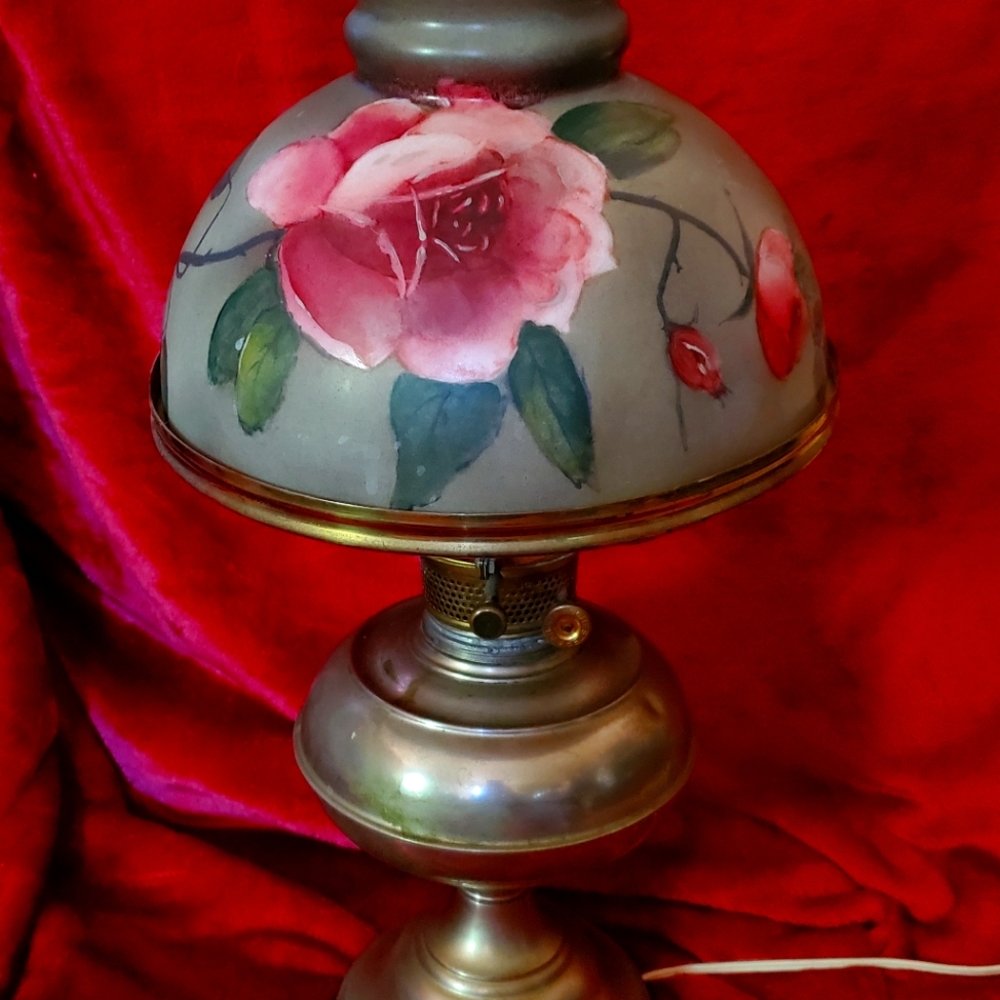 Antique Oil Lamp Hand Painted Glass Shade Converted to Electric Artist Signed